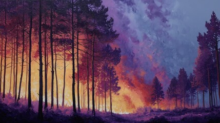 A painting of a forest with a fire in the background. The trees are orange and the sky is blue. The mood of the painting is peaceful and serene, but also ominous and foreboding