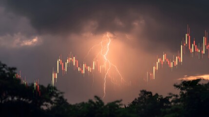 Dramatic financial chart superimposed on a stormy sky with a prominent lightning strike