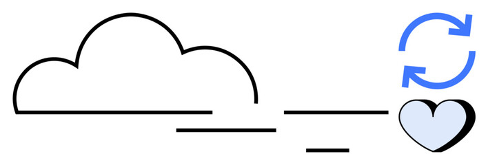 Cloud computing, data storage, synchronization, digital services, technology connection, secure communication. Minimalist design a cloud, sync symbol and heart. Cloud computing and data storage