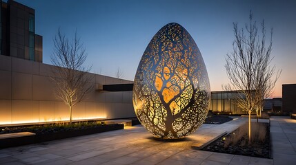 Large illuminated egg sculpture with tree cutout at twilight