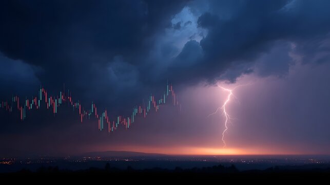 Dramatic stormy sky with lightning strike overlaid with a financial trading candlestick chart at twilight - Powered by Adobe