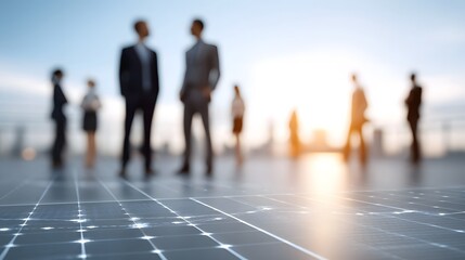 Silhouettes of business professionals standing on solar panels on a rooftop with a city skyline in the background at sunset