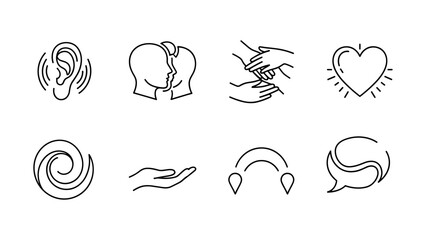 Minimalist line art symbols representing communication, connection, and understanding