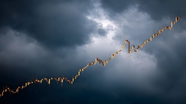 Golden candlestick chart shows upward trend amidst dramatic stormy clouds
