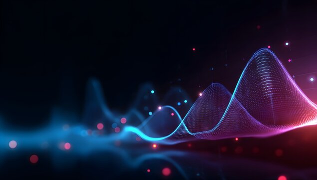 Abstract visualization of a glowing digital waveform with vibrant neon blue and pink light trails against a dark background - Powered by Adobe