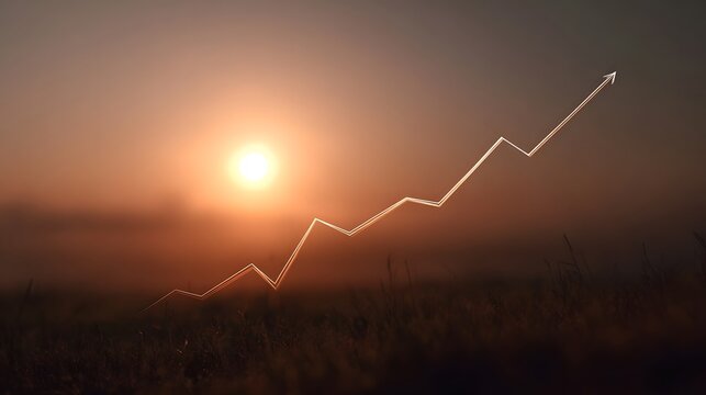 A financial growth graph with an upward arrow ascends against a warm sunset sky over a misty meadow