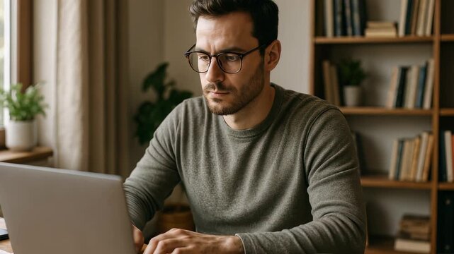 Concentrated man types on laptop working on important project in cozy interior filled with soft light. Scene captures calm focus of professional writing or coding during remote workday at home.