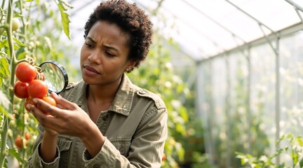 Female agronomist inspecting tomatoes with a magnifying glass in a greenhouse. African American woman scientist checking organic crops. Agriculture research concept