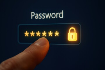Finger hovers and taps near password box, emphasizing security and privacy in digital environments