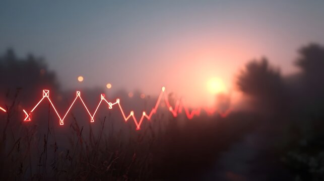 A glowing red line graph fluctuates across a foggy landscape at sunrise or sunset - Powered by Adobe