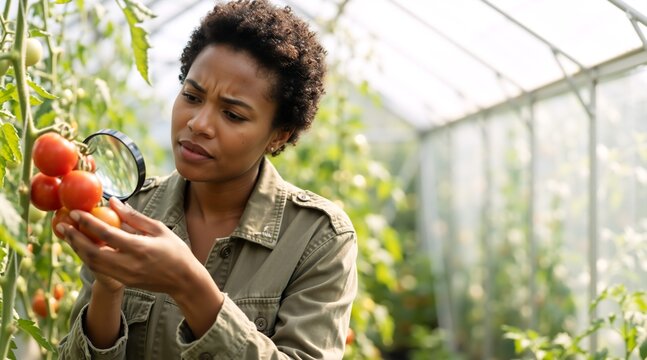 Female agronomist inspecting tomatoes with a magnifying glass in a greenhouse. African American woman scientist checking organic crops. Agriculture research concept