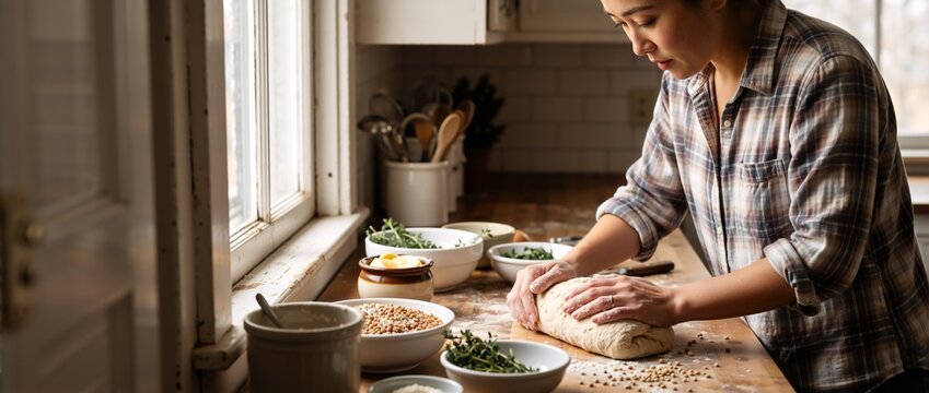 Asian woman kneading dough on a wooden table in a rustic kitchen. Female farmer preparing homemade bread with fresh ingredients. Farm to table cooking concept - Powered by Adobe