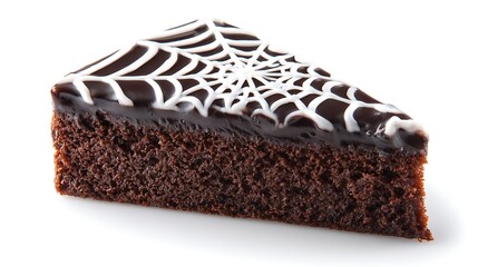 Slice of chocolate cake with white spider web frosting design isolated on pure white background