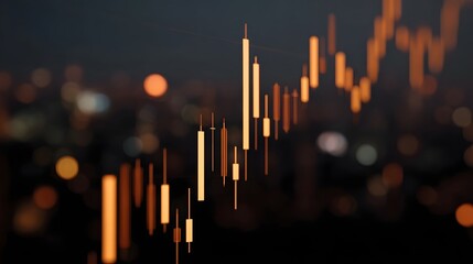 Abstract financial candlestick chart illustrating market data and trends set against a bokeh background of glowing city lights at twilight
