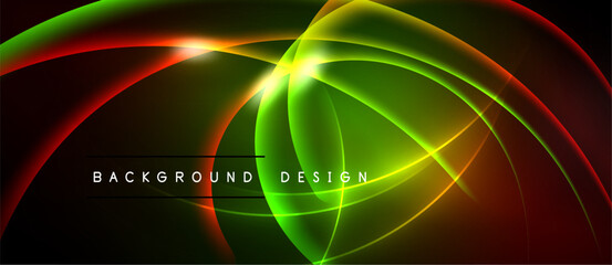 Vibrant neon curves create abstract background. Bright colors blend, forming dynamic visual effect. Modern design element.