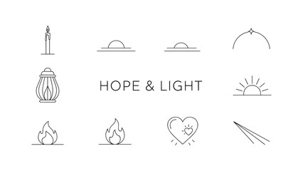 Minimalist hope and light theme with sun, candle, and flame icons in line art
