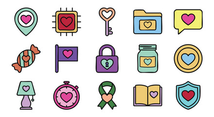 Sweet pastel love icons for Valentine's Day designs, digital art, and romantic projects