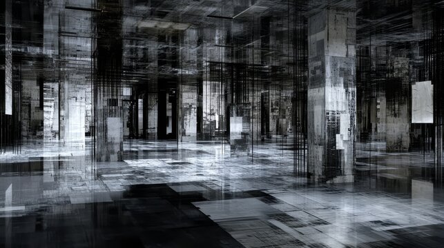 Captivating black and white linear room design with optical illusion geometric patterns and abstract artistry.