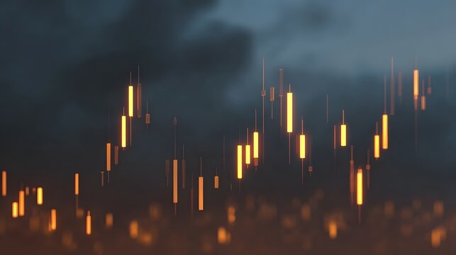 Abstract glowing financial candlestick chart visualizing market volatility against a dark stormy sky background - Powered by Adobe