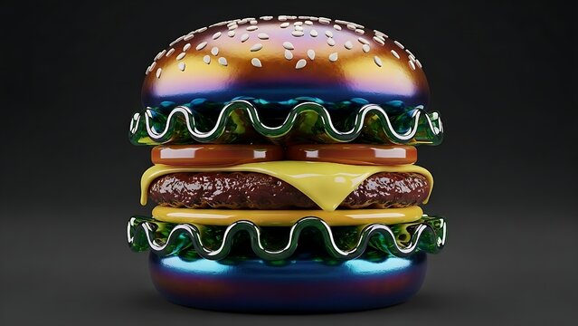 Surreal, iridescent, and highly stylized 3d render of a hamburger with metallic, colorful buns and wavy green lettuce against a dark background, representing modern food art or abstract concept - Powered by Adobe