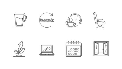 Minimalistic line icons for break, office, coffee, and work environment themes