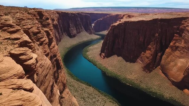 Spectacular aerial view of Horseshoe Bend Arizona showcasing the mighty Colorado River carving through the iconic red rock canyon landscape under a clear blue sky