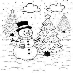 snowman with christmas tree and snowflakes