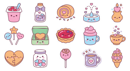 Kawaii sweets and treats collection for Valentine's day, cute dessert icons and smiling faces