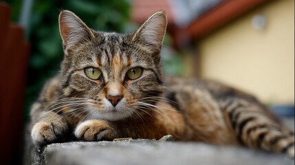 A tabby cat with green eyes rests on a concrete surface outdoors with blurred foliage and a building in the background