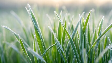 Closeup of vibrant green grass blades covered in delicate frost crystals in the soft morning light