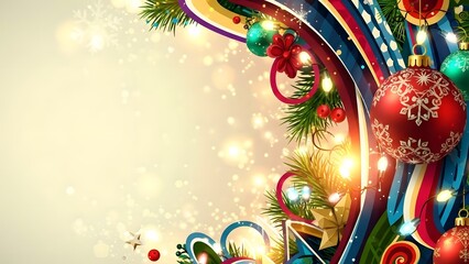 Christmas holiday background with festive balls snowflakes ornaments and lights