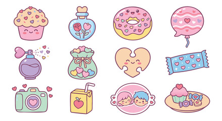 Adorable kawaii Valentine's Day icons for cute designs, stickers, cards, and sweet promotions
