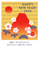 2026年賀状テンプレートかわいい馬張子と赤富士