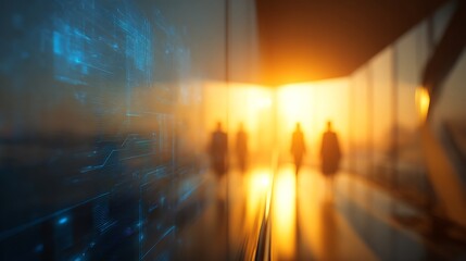 Silhouettes of business people walking toward bright orange light