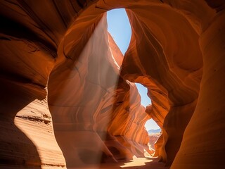 Sunlight streams through narrow canyon revealing dramatic rock formations