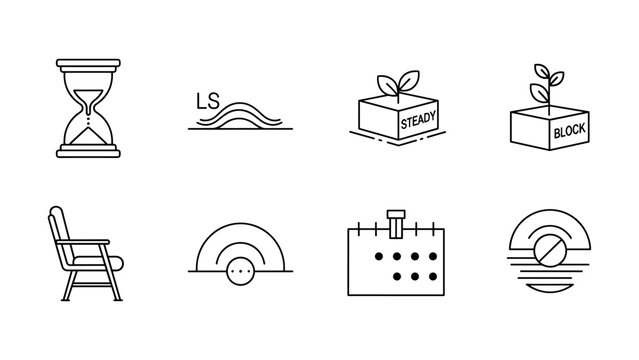 Minimal line art icons: hourglass, nature growth, modern simplicity