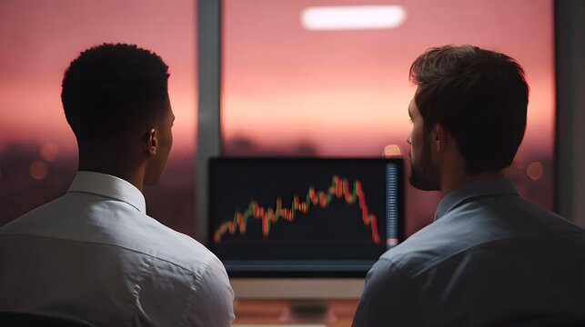 Two professionals analyze a market chart on a computer screen during a vibrant sunset in a modern office