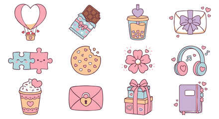 Adorable Valentine's Day themed stickers featuring sweets, gifts, and loving heart accents