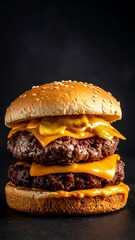 Close-up of a double-patty cheeseburger on a sesame seed bun, featuring melted yellow cheese and savory-looking meat