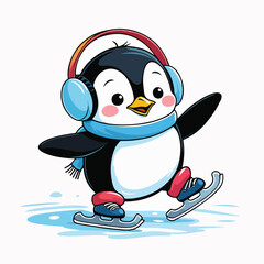 a baby penguin wearing earmuffs and ice skates, sliding happily on ice