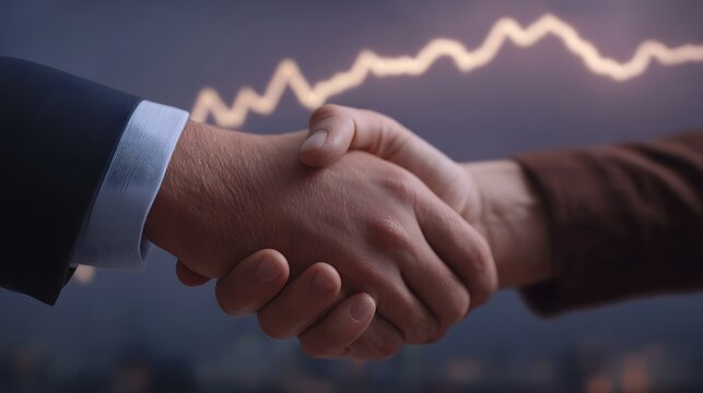 A business handshake symbolizes a successful agreement against a backdrop of financial trends and city lights