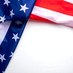 Close-up of a draped, folded national standard, showing a field of blue with white stars and stripes against white space