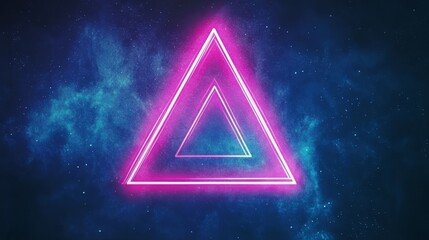Vibrant glowing neon triangle geometry illuminates cosmic nebula background scene.
