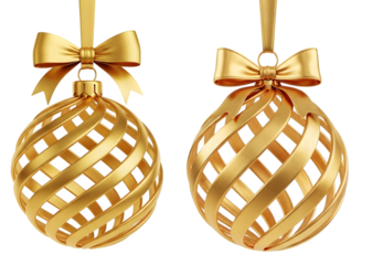 Two elegant golden christmas tree ornaments with lattice design and satin bows, isolated on transparent background generative ai illustration