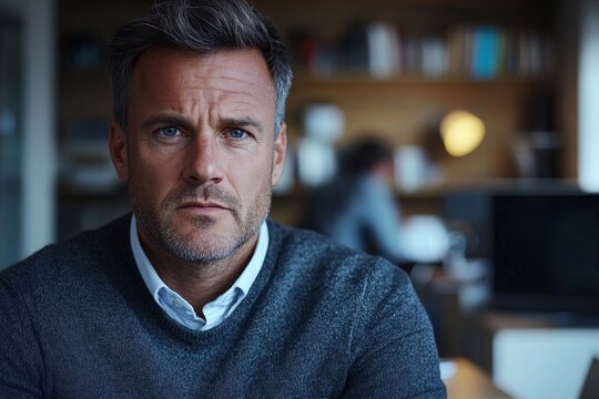 Frustrated businessman with a smartphone in a modern office, reflecting frustration or concern about an issue while navigating a busy workday, Generative AI