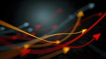 Abstract glowing arrows representing financial growth and dynamic market trends against a dark data filled background