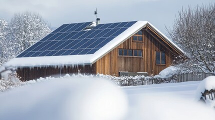 Solar panels on a snow covered roof of a wooden house in the winter season