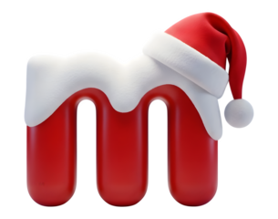 Red letter m decorated with white snow and a festive santa hat isolated on transparent background generative ai illustration