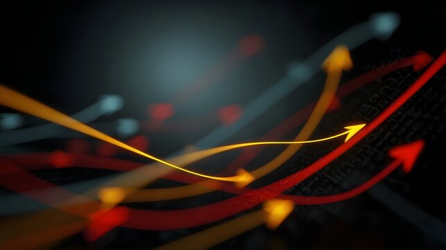 Abstract glowing arrows representing financial growth and dynamic market trends against a dark data filled background