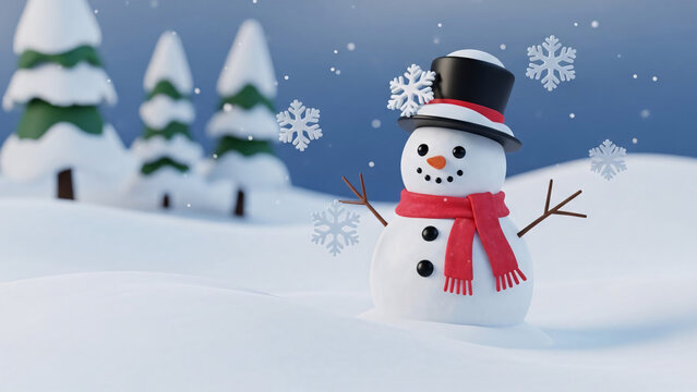 Whimsical 3D illustration of a snowman wearing a top hat and red scarf amidst a serene winter wonderland with snow-covered trees and falling snowflakes. - Powered by Adobe